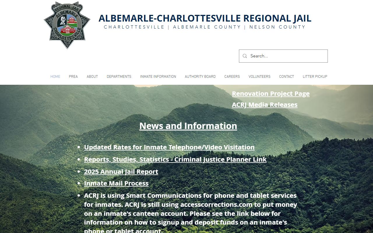 Albemarle County inmate population and ACRJ homepage inmate information links