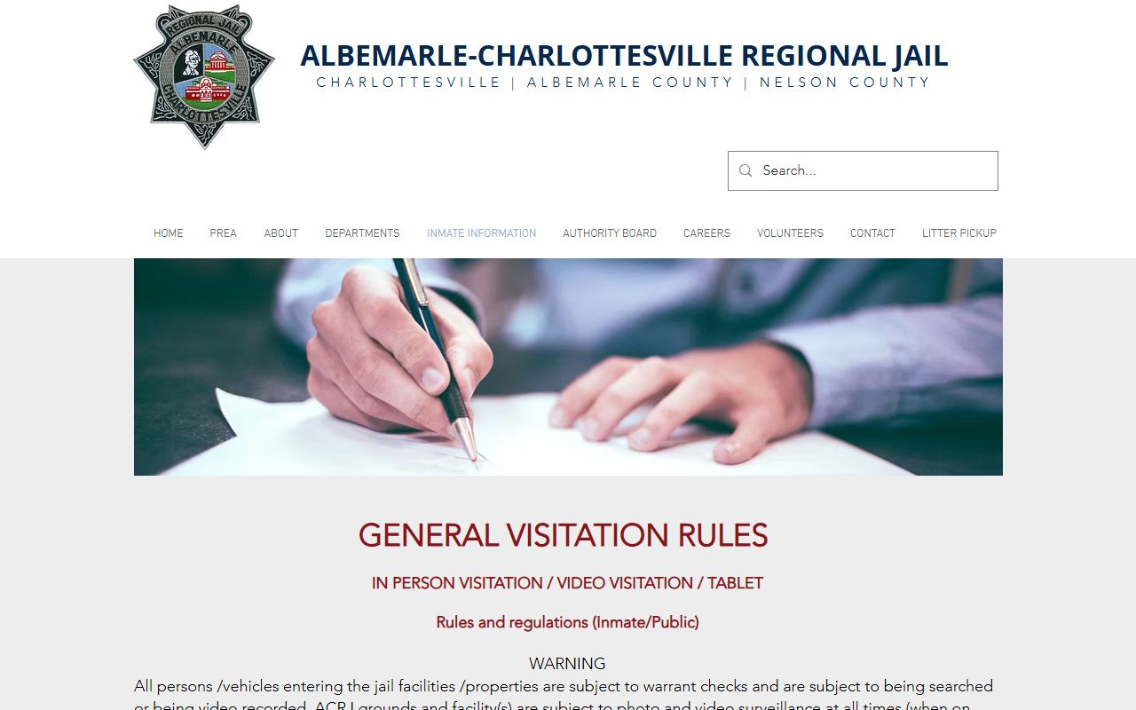 Albemarle-Charlottesville Regional Jail visitation schedule for Albemarle County inmates