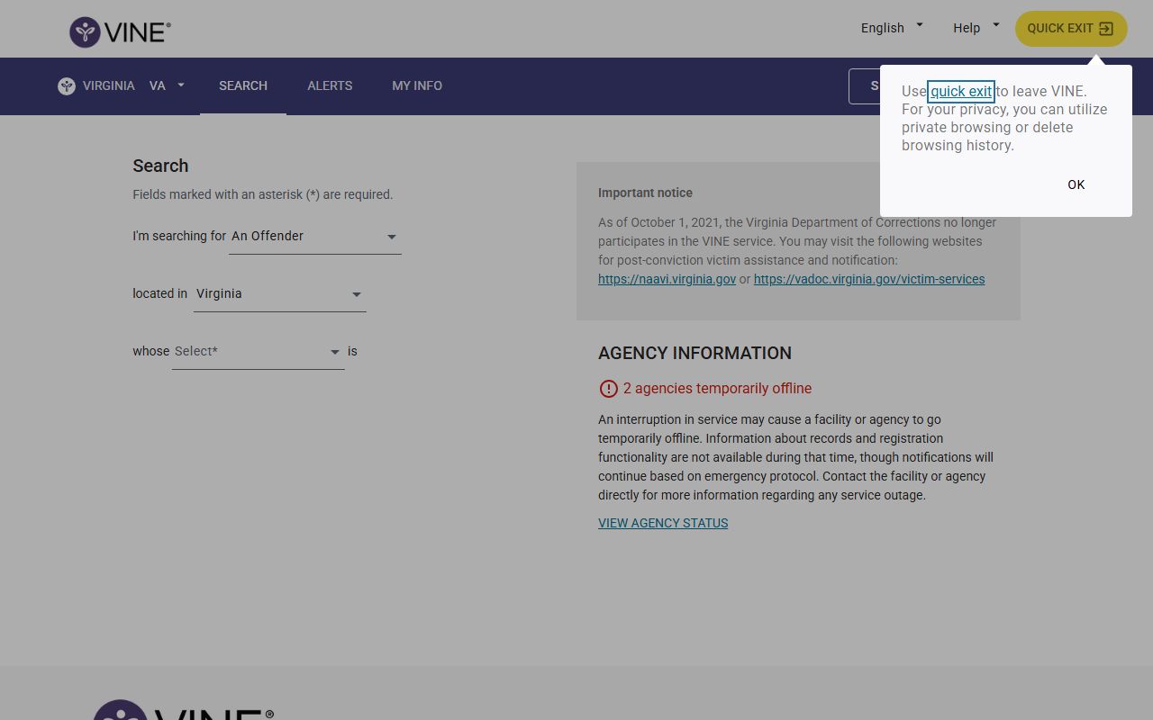 Albemarle County inmate records Virginia VINE custody status search